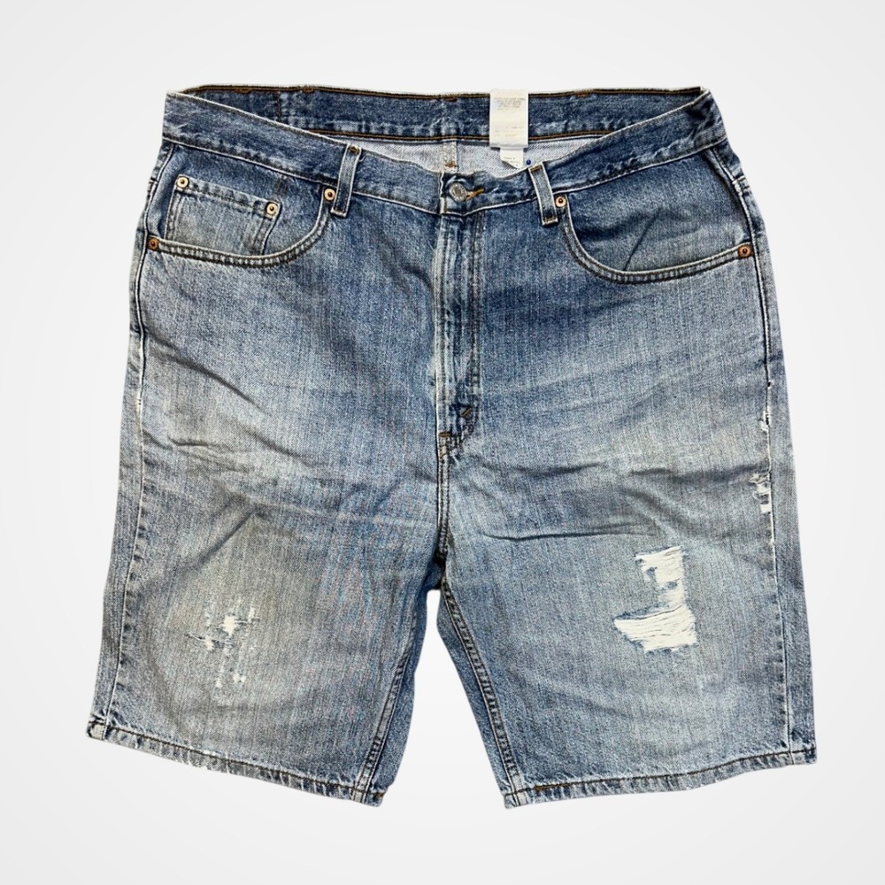 Levi's 505 Denim Shorts Mens 38 Blue Good Distressed‎ Regular Fit Light Wash